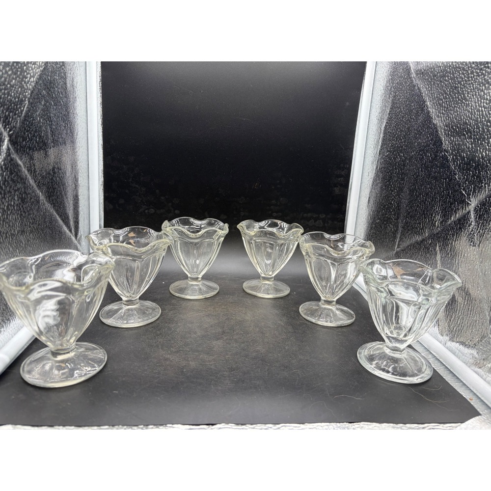 Vintage Clear Glass Tulip Ice Cream Sundae Cups Scalloped Rim Set of 6